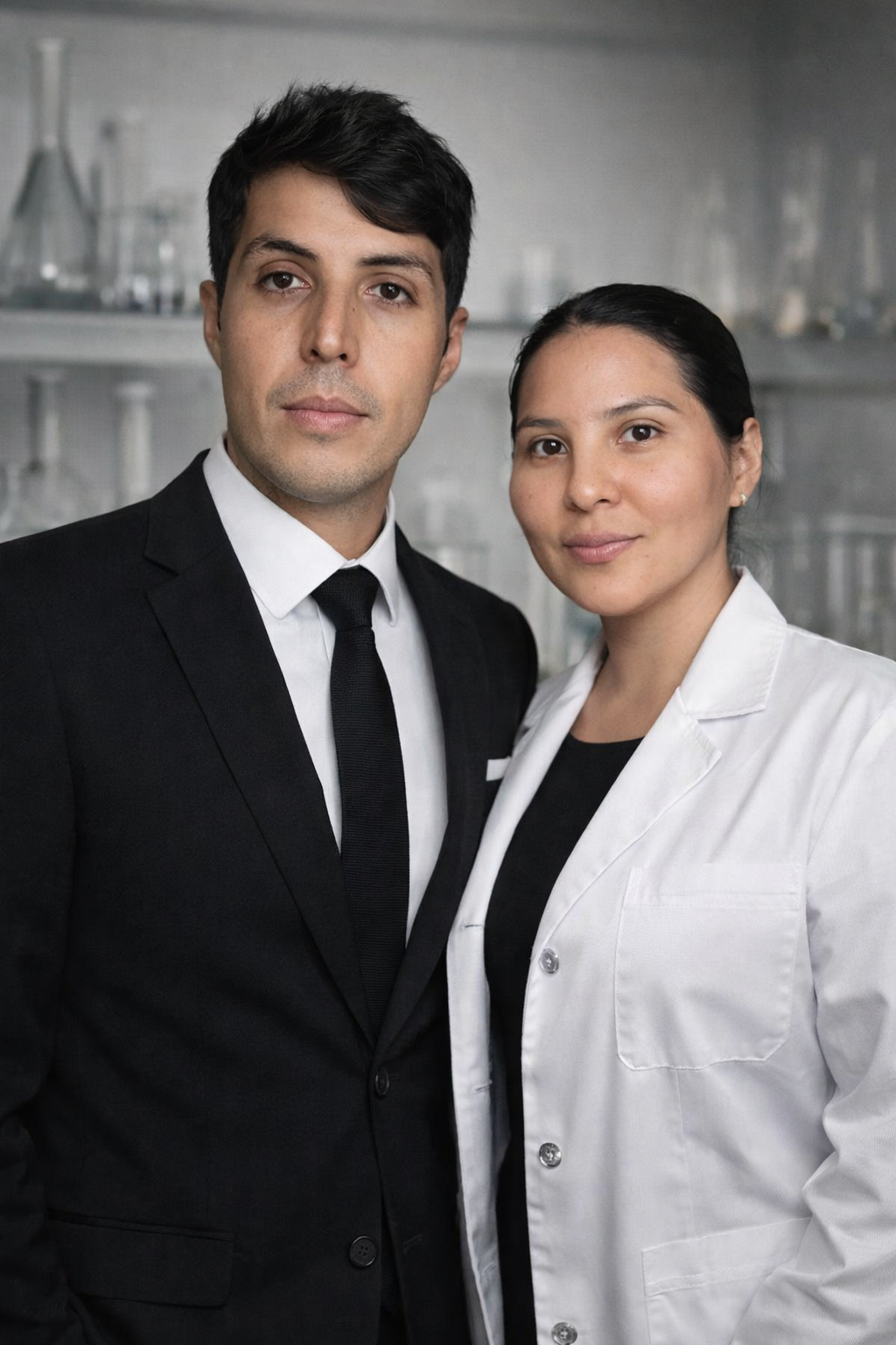 Dr. Diego Gaibor y Dra. Catherine Peña, químicos y fundadores de DC QUIM, en el laboratorio