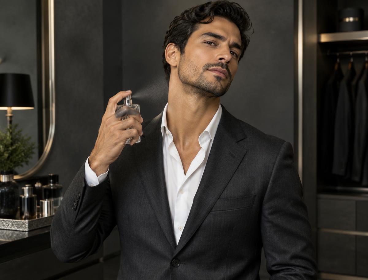 Hombre colocándose perfume